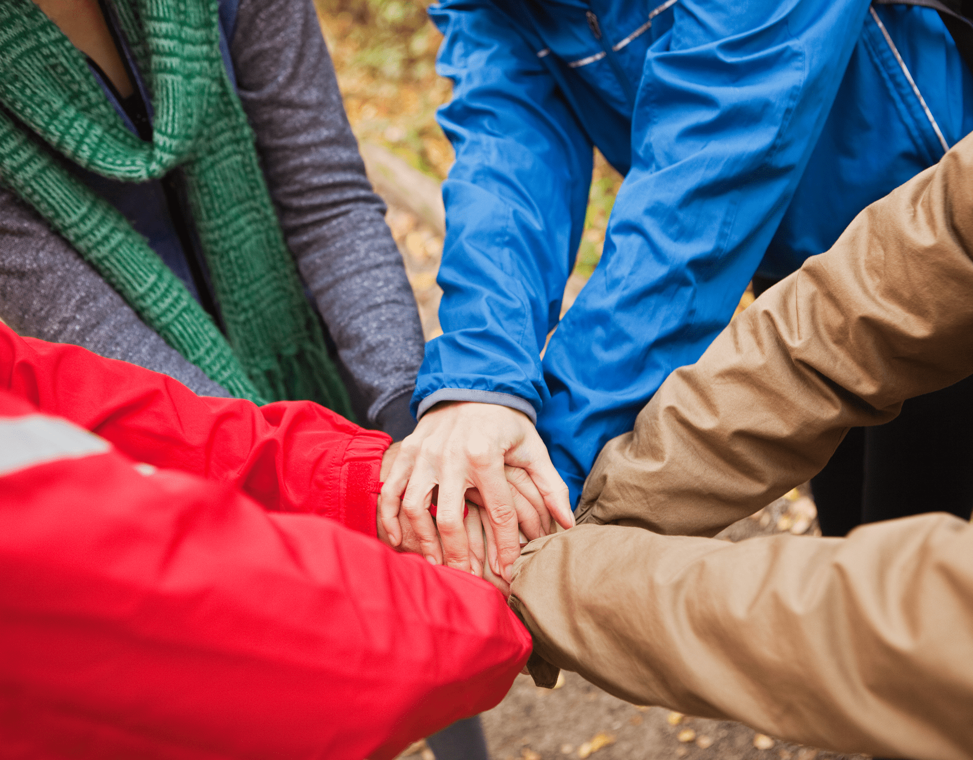 People joining hands in a group outdoors.