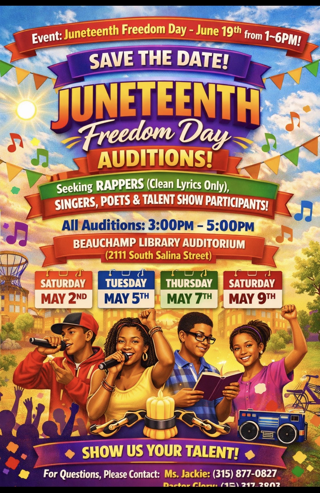 Juneteenth Freedom Day auditions for singers, poets, and talent at Savannah Library.